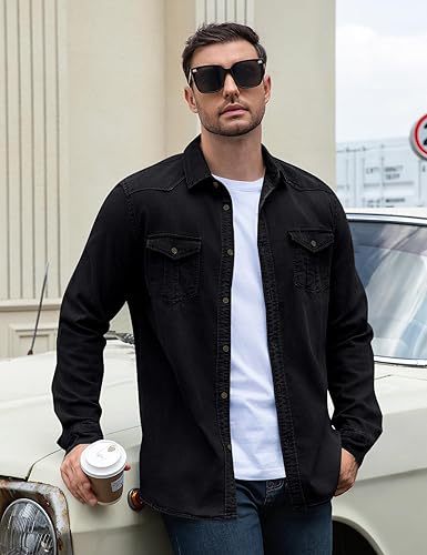 Kissonic Mens Denim Shirt Long Sleeve Slim Fit Jean Shirt for Men Button Down Causal Striped Denim Shirts