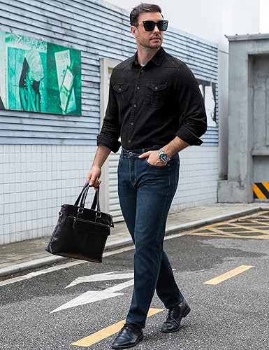 Kissonic Mens Denim Shirt Long Sleeve Slim Fit Jean Shirt for Men Button Down Causal Striped Denim Shirts