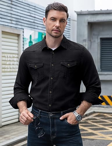 Kissonic Mens Denim Shirt Long Sleeve Slim Fit Jean Shirt for Men Button Down Causal Striped Denim Shirts