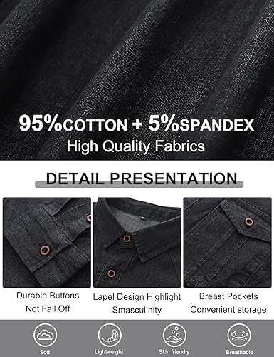Kissonic Mens Denim Shirt Long Sleeve Slim Fit Jean Shirt for Men Button Down Causal Striped Denim Shirts