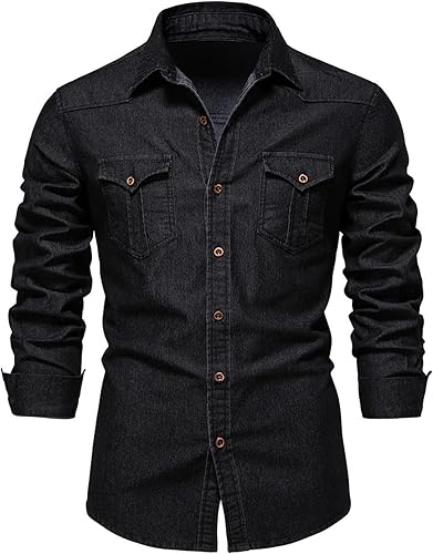 Kissonic Mens Denim Shirt Long Sleeve Slim Fit Jean Shirt for Men Button Down Causal Striped Denim Shirts